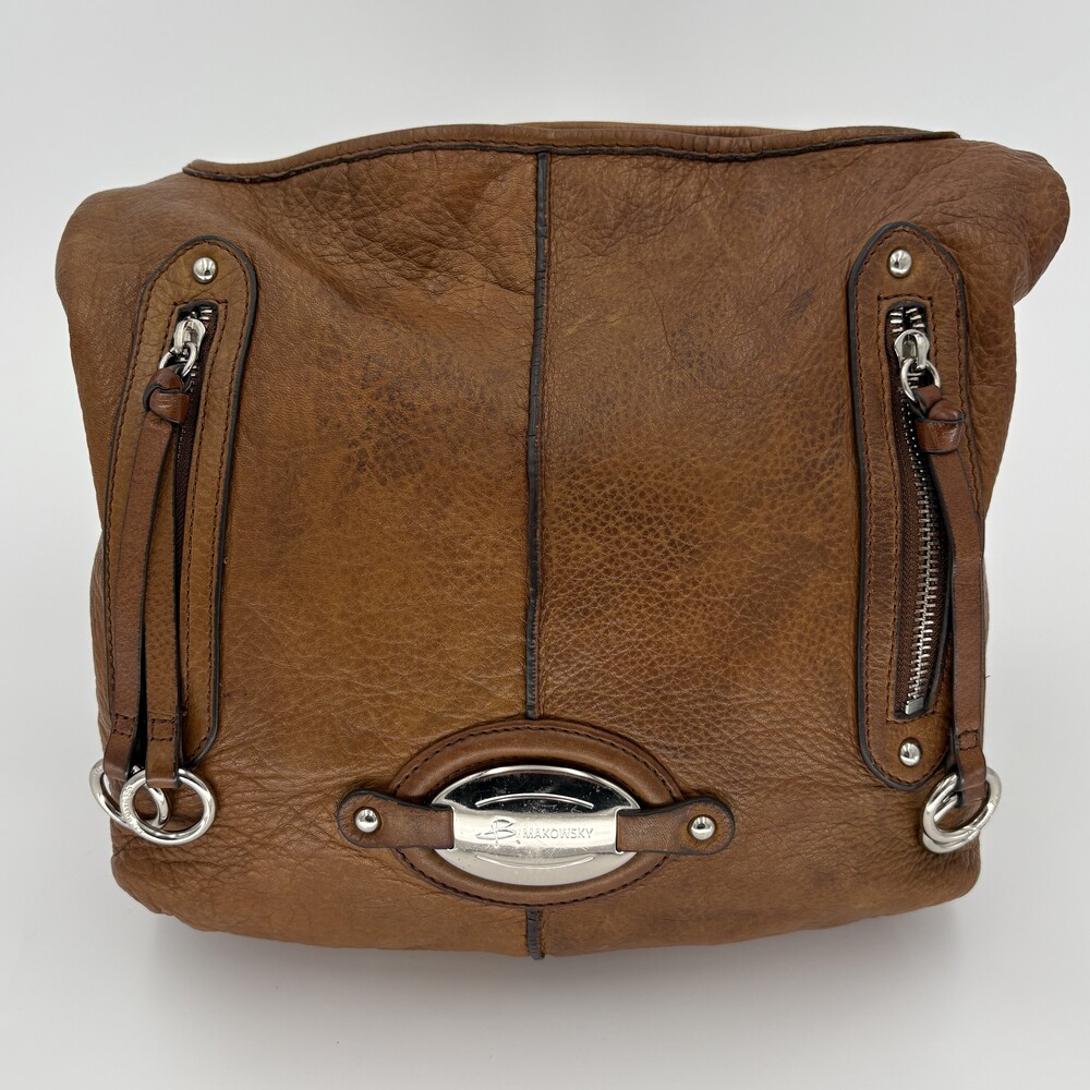 B Makowsky Brown Leather Hobo Shoulder Bag Y2K Leopard Lining Slouchy